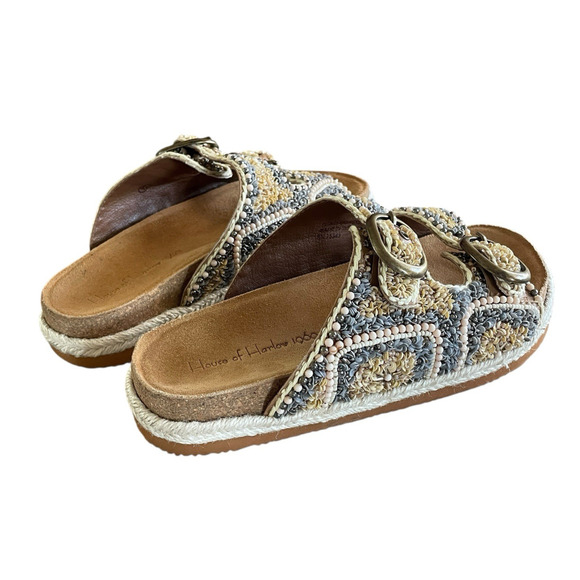 NEW HOUSE OF HARLOW 1960 Women's Size 8.5 Beaded Buckle Flat Slides Boho Sandals - Picture 3 of 11